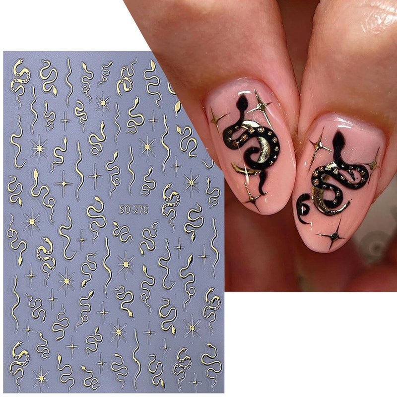 BSBTBZ 4Pcs Snake Nail Stickers 3D Snake Nail Decals Self-Adhesive Nail Design Supplies Gold Silver Black Laser Metallic Snake Star Line Holographic Metallic Acrylic Nail Charms French Manicure Decorations - Image 3